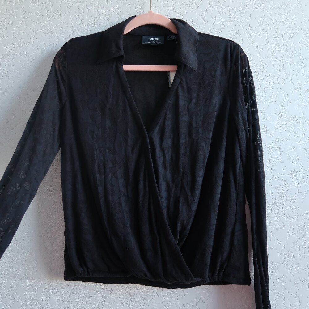 Anthropologie Maeve Black Long-Sleeve Wrap Blouse Size Small Floral Jacquard - Picture 3 of 8